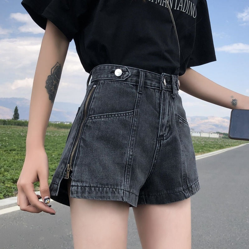 Women Fashion Casual Letter Printing Zipper Denim Shorts