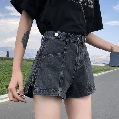 Women Fashion Casual Letter Printing Zipper Denim Shorts