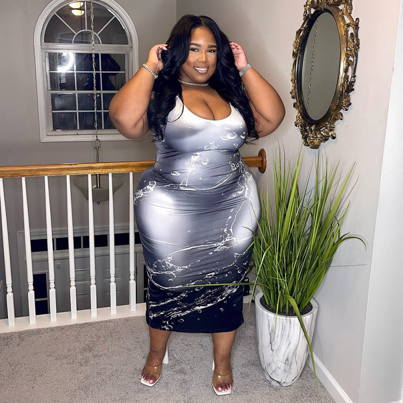 Women Fashion Casual Plus Size Round Neck Printed Sleeveless Dress