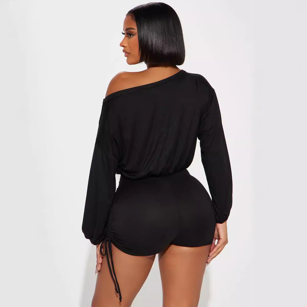 Women Fashion Casual Off-Shoulder Long-Sleeved Pleated Drawstring Tight Rompers