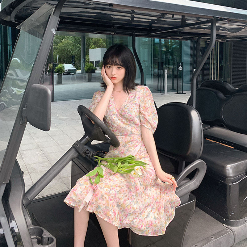 Women Casual Summer Vacation Sweet Puff Sleeve Floral V Neck Dress