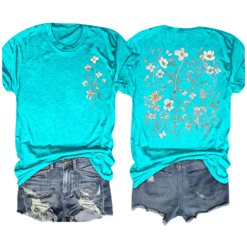 Camiseta informal de manga corta con cuello redondo y estampado floral para mujer