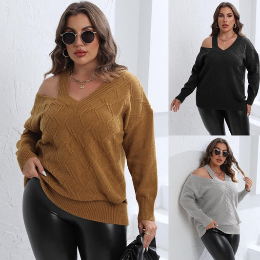 Suéter de punto informal para mujer, talla grande, para invierno y otoño, color liso, con hombros descubiertos