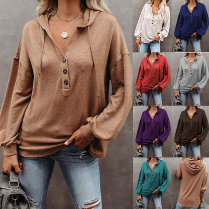 Women Casual Solid Color Long Sleeves Hooded Loose Solid Color Top