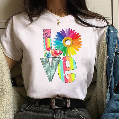 Camiseta informal de manga corta con estampado de letras de amor para mujer