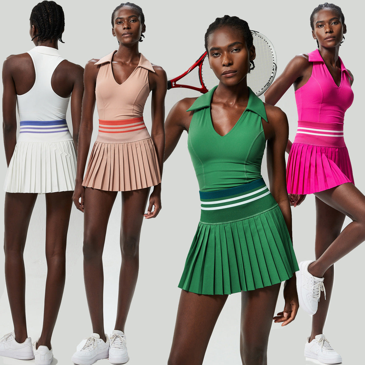 Conjunto de dos piezas para mujer, informal, con escote en V, sin mangas, deportivo, de tenis, con falda plisada y antideslizamiento