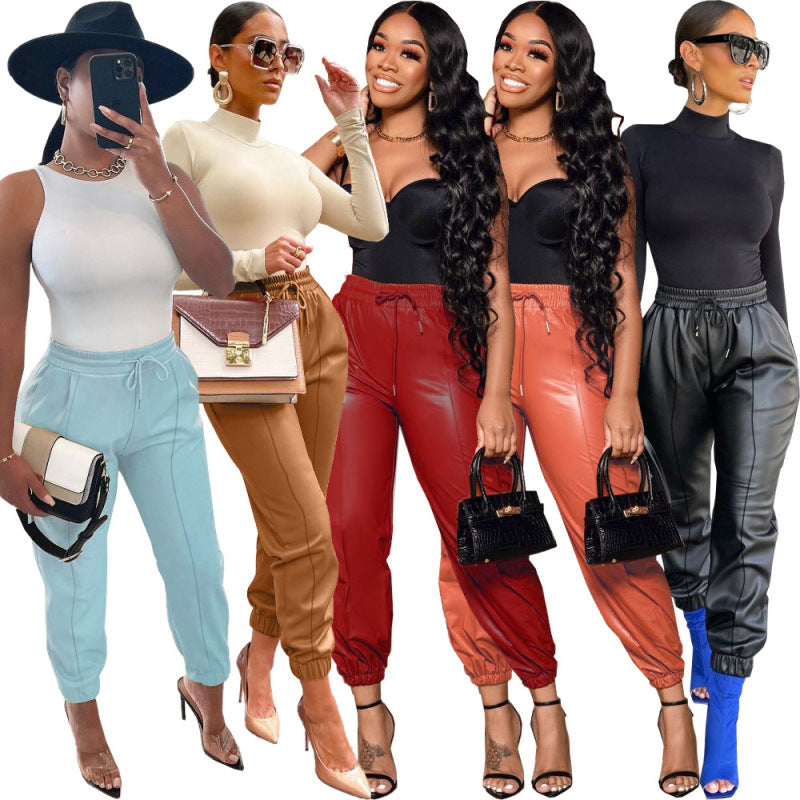 Women Solid Color Pu Leather Casual Pants Pencil Jogger Pants