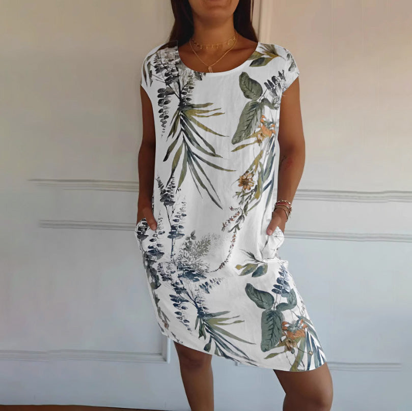 Vestido informal holgado con estampado de cuello redondo y manga corta con bolsillos para mujer