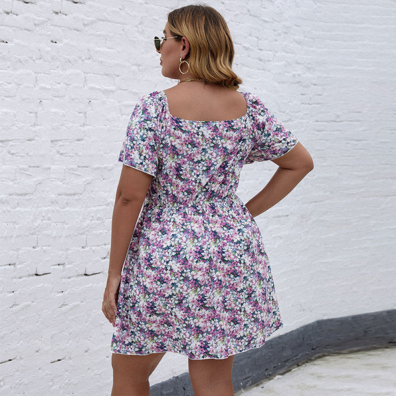 Women Fashion Casual Tiny Flower Printing Short Sleeve Plus Size Dress