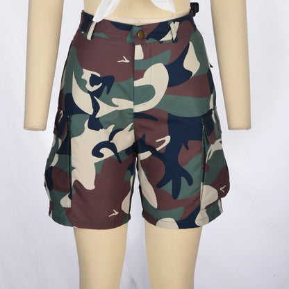 Women Fashion Multi Pocket Splicing Printed Camouflage Casual Shorts