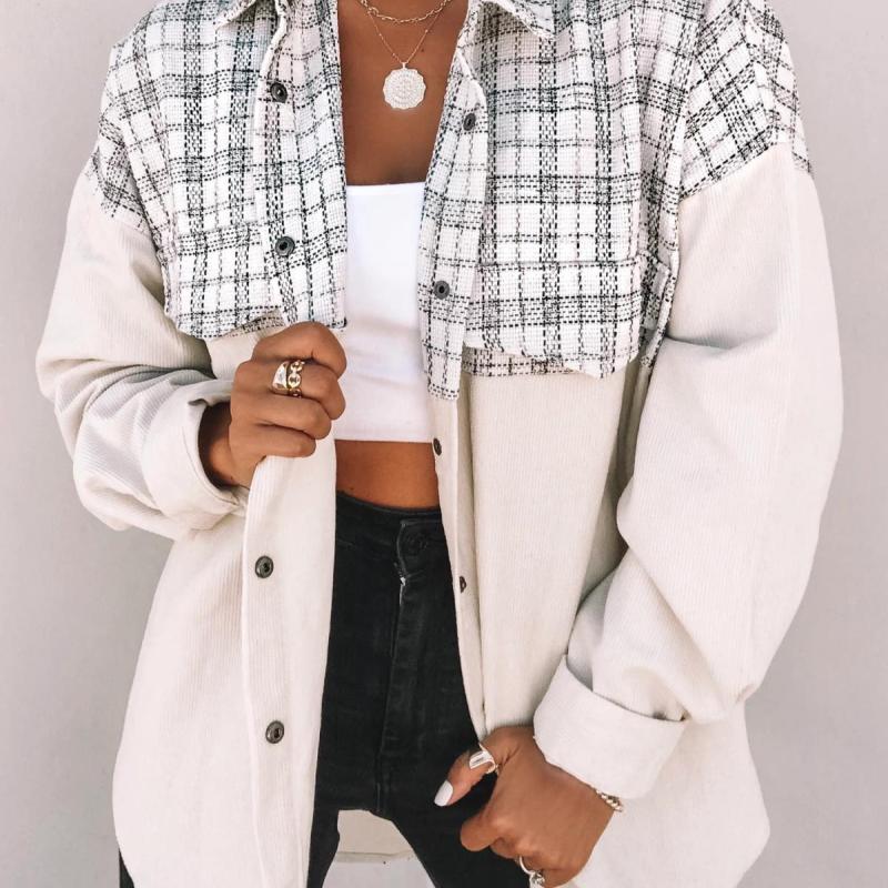 Women Casual Lapel Long Sleeve Pocket Plaid Patchwork Single-breasted Corduroy Shacket