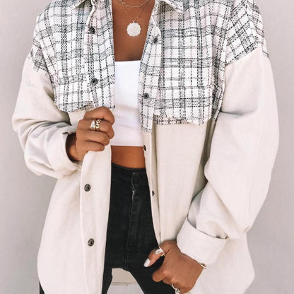 Women Casual Lapel Long Sleeve Pocket Plaid Patchwork Single-breasted Corduroy Shacket