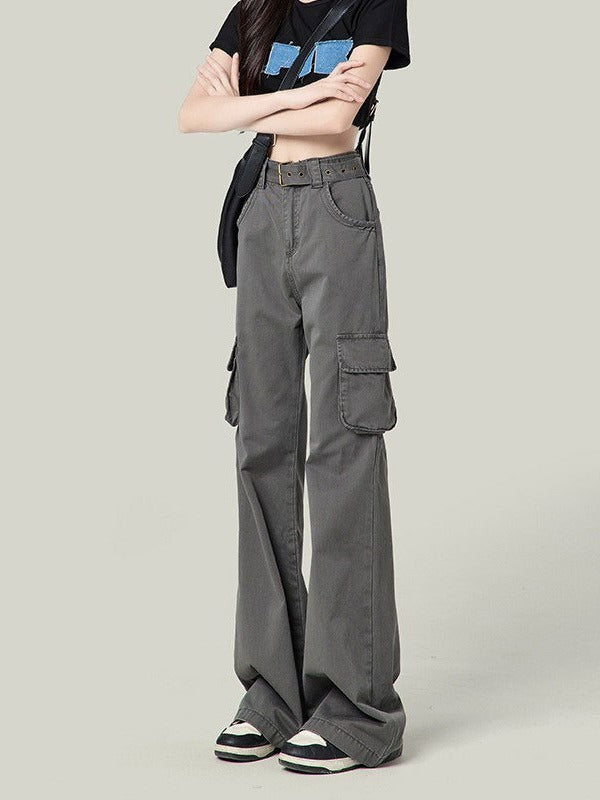 Retro Casual Women High Waist Spice Solid Color Pocket Cargo Pants