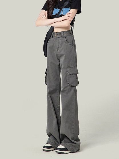 Retro Casual Women High Waist Spice Solid Color Pocket Cargo Pants