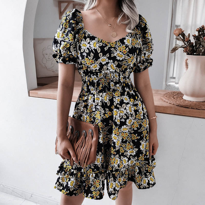 Women Casual Chiffon V-Neck Floarl Printing Ruffled Defined Waist Dress