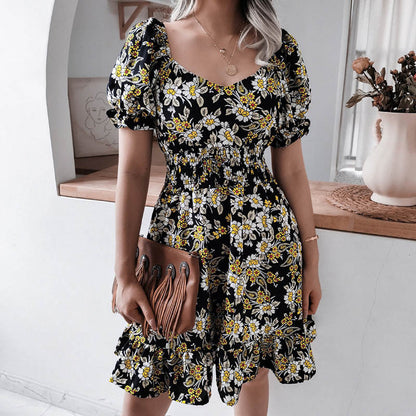 Women Casual Chiffon V-Neck Floarl Printing Ruffled Defined Waist Dress