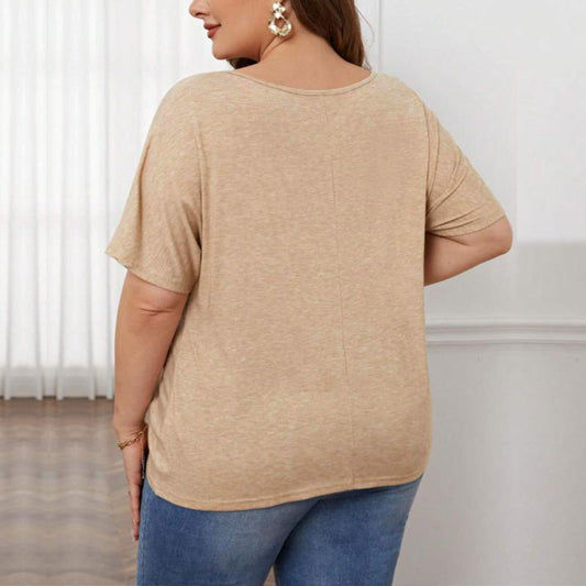 Camiseta holgada informal de talla grande para mujer, color liso, cuello en V, manga corta, dobladillo torcido