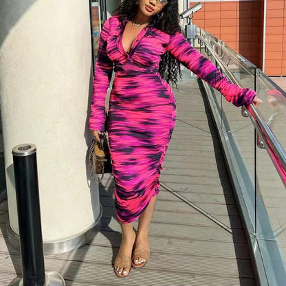 Women'S Fashion Casual Printing Long Sleeve Lapel Single-Breasted Dress