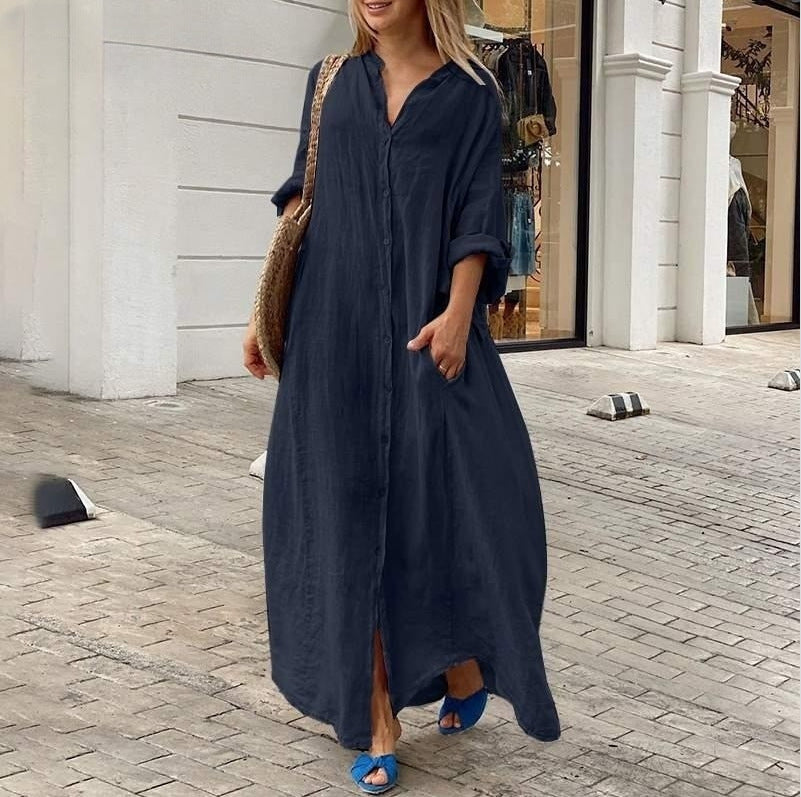 Women Fashion Casual Solid Color Cotton Linen Pocket Shirt Maxi Dress