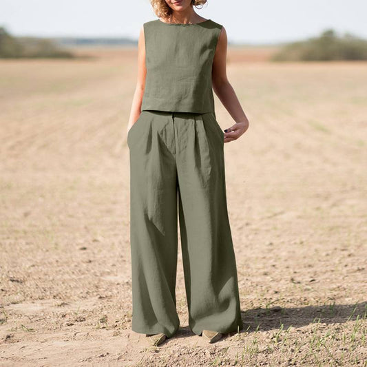 Conjunto informal de algodón y lino para mujer, de color liso, vintage, holgado, de manga larga
