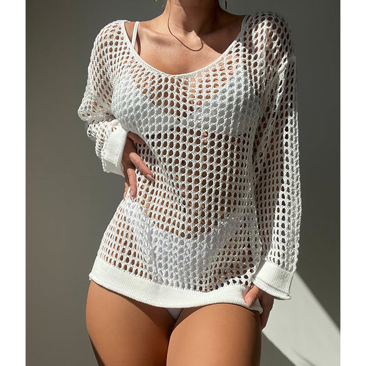 Traje de baño de punto holgado con cuello redondo y aberturas grandes para playa y vacaciones para mujer