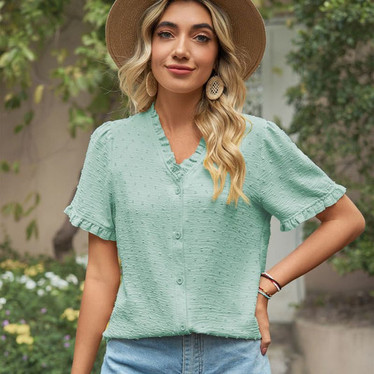 Blusa informal de verano para mujer, de gasa, con cuello en V, floral, de manga corta y color liso