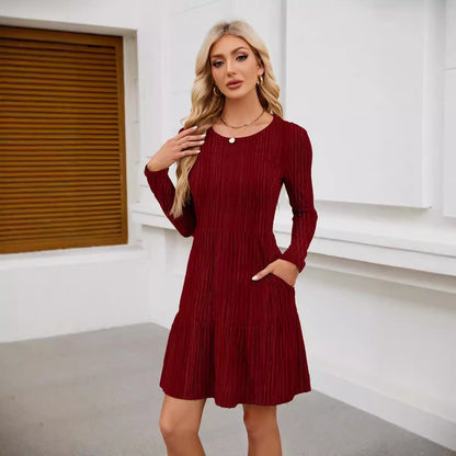 Women Crewneck Pocket Casual Knee Length Long Sleeve Knitted Dress