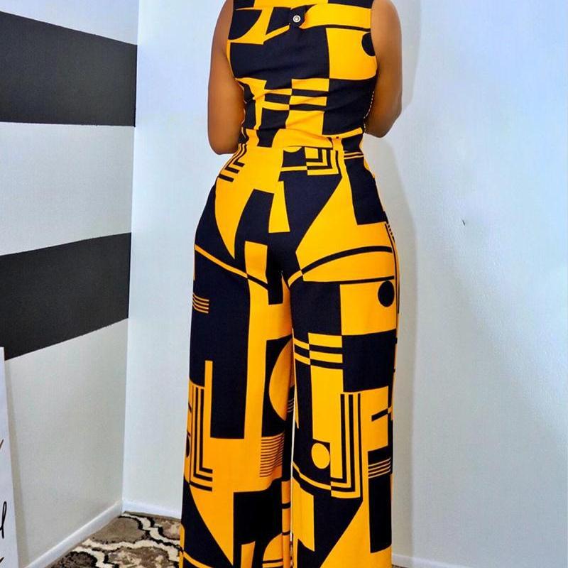 Women Casual Elegant V Neck Sleeveless Loose Color Blocking Single-Breasted Wide Legs Jumpsuits