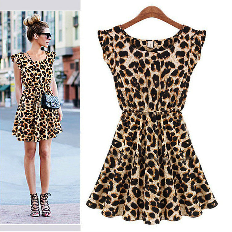 Vestido sexy de discoteca con estampado de leopardo y pata de gallo para mujer, informal, de manga corta y cuello redondo