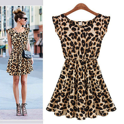 Vestido sexy de discoteca con estampado de leopardo y pata de gallo para mujer, informal, de manga corta y cuello redondo