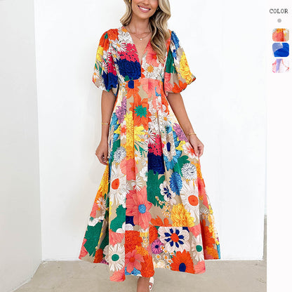 Vacation Women Casual Fashion Floral Print Puff Sleeve Maxi Dress