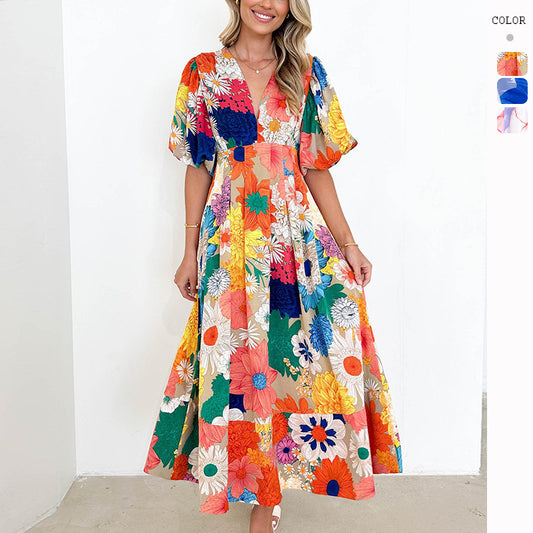 Vacation Women Casual Fashion Floral Print Puff Sleeve Maxi Dress