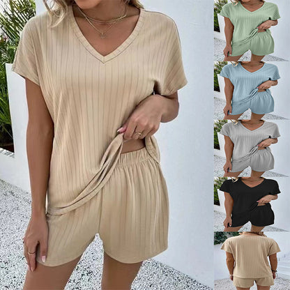 Conjunto de dos piezas de ropa de casa informal y acogedora de punto de color liso para mujer de verano