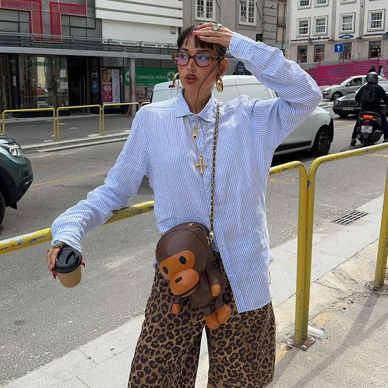 Camisa de manga larga con solapa y rayas informal sencilla para mujer