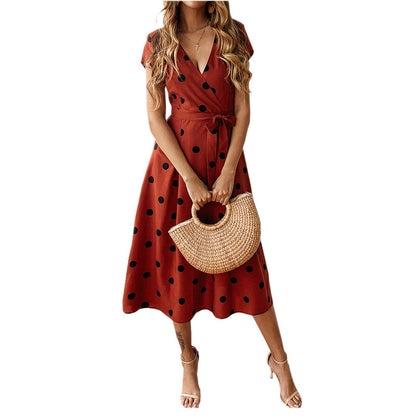 Fashion Casual Loose Dot Printed V-Neck Short-Sleeve Lace-Up Dress