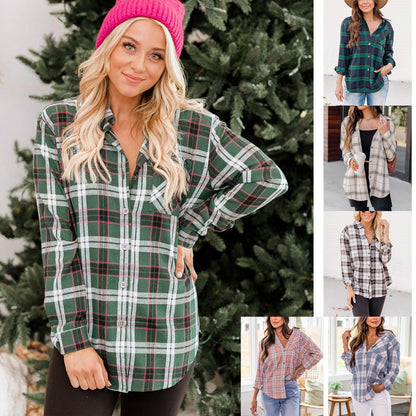 Camisa informal de manga larga con bolsillos y cuadros a la moda para mujer