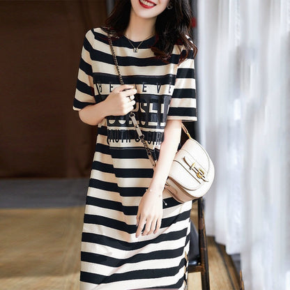 Women Casual Loose Stripe Printed Short Sleeve Dress