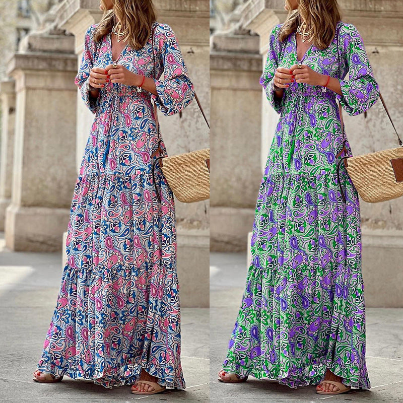 Vestido largo de manga larga con estampado bohemio informal de moda de verano para mujer