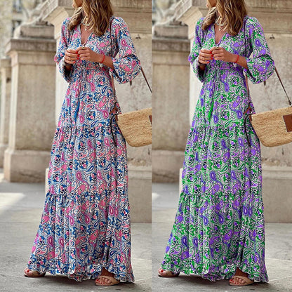 Vestido largo de manga larga con estampado bohemio informal de moda de verano para mujer