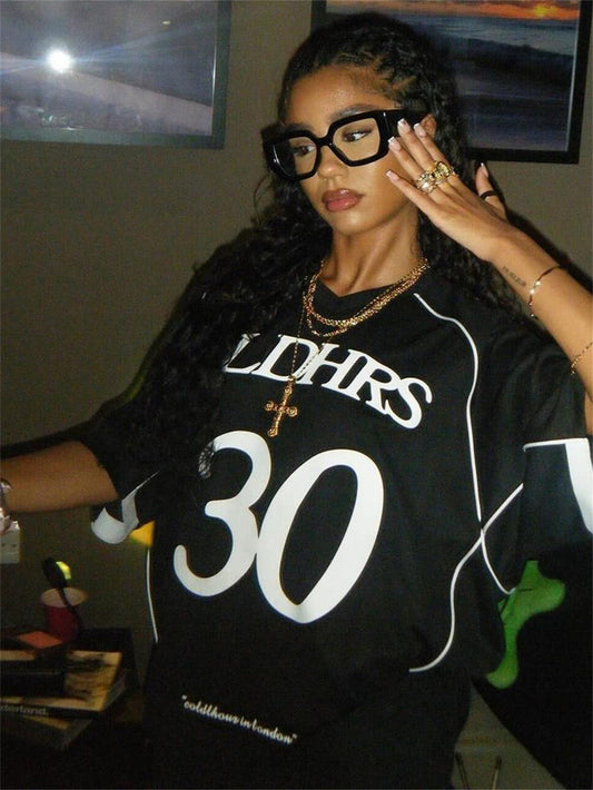 Women Fashion Casual Loose Letter Digital Print Short Sleeve V-Neck Jersey T-Shirt