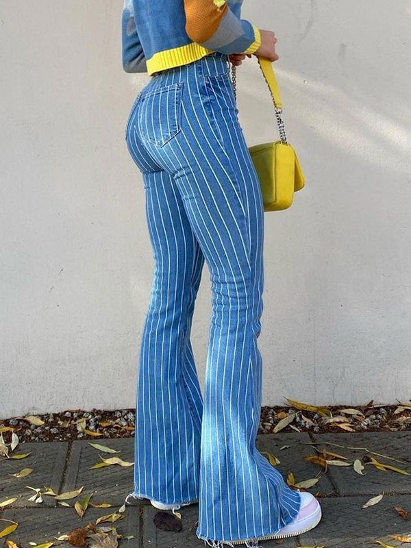 Pantalones vaqueros acampanados con estampado de rayas casuales a la moda para mujer