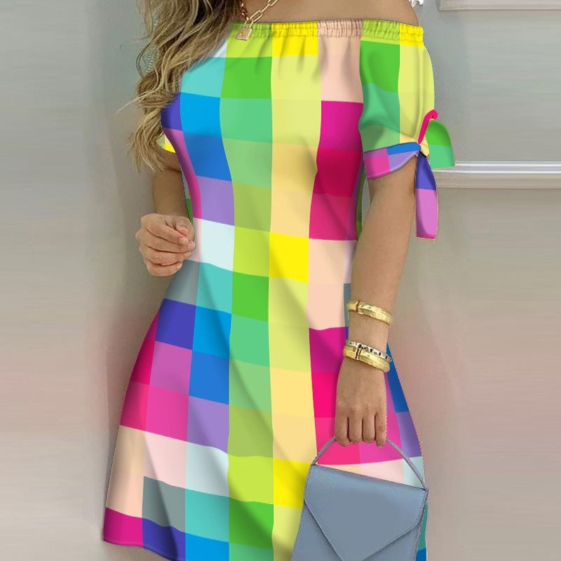 Women Casual Off-The-Shoulder Short Sleeves Color Blocking Dress