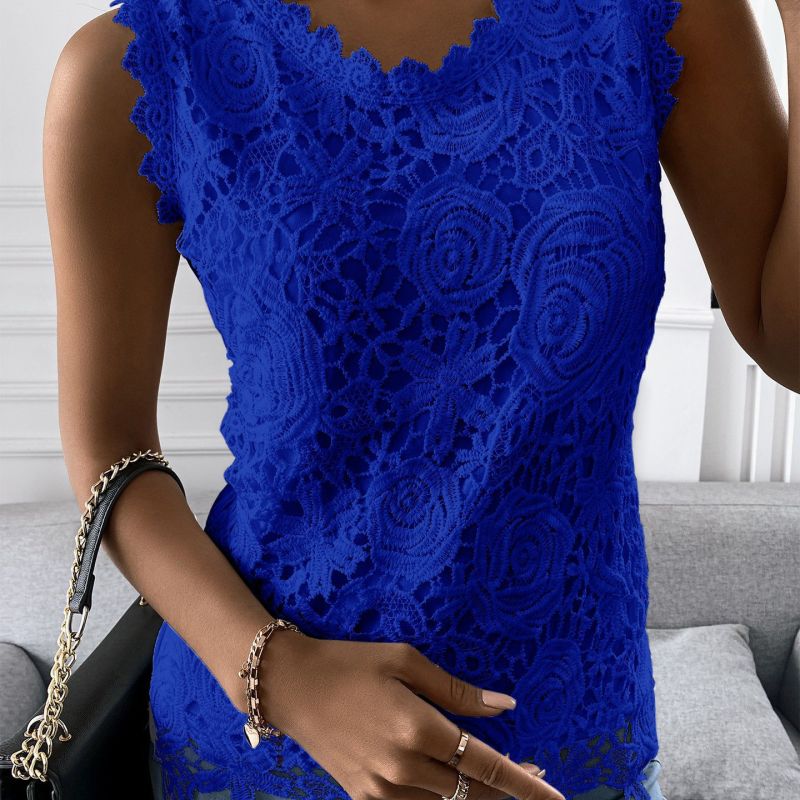 Women Basic Elegant Summer U Neck Sleeveless Solid Color Casual Fashion Lace Tank Top