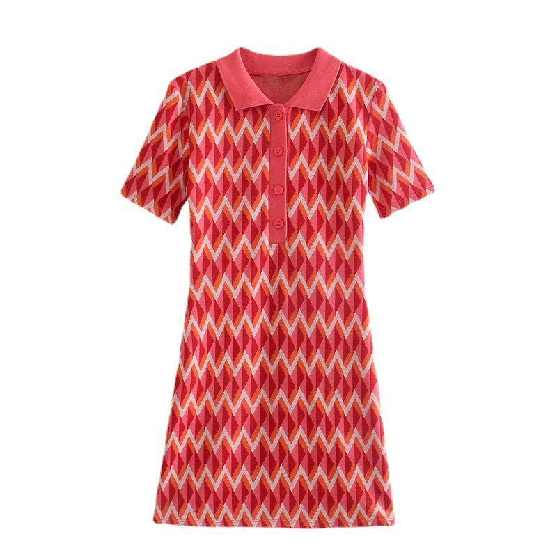 Women Edgy Casual Lapel Short Sleeves Color Blocking A-line Knitted Dress