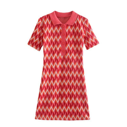 Women Edgy Casual Lapel Short Sleeves Color Blocking A-line Knitted Dress