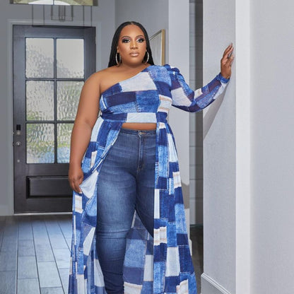 Plus Size Women Night Out Creative Color Blocking Fashion Casual Plaid Print Dress Irregular Top