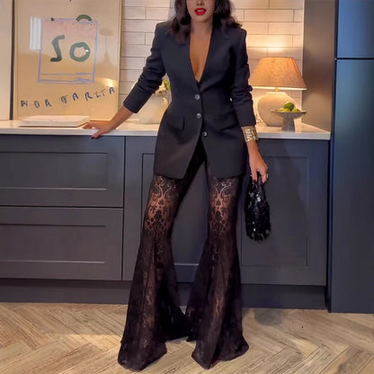 Conjunto de dos piezas formado por blazer, pantalón y blusa de encaje, informal, con solapa y manga larga, para mujer