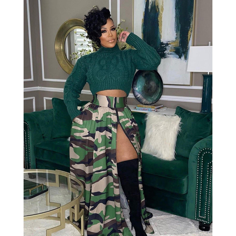 Fashion Women Casual Camouflage Print Zipper Slit Elastic Waist Skirt