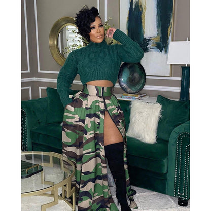 Fashion Women Casual Camouflage Print Zipper Slit Elastic Waist Skirt