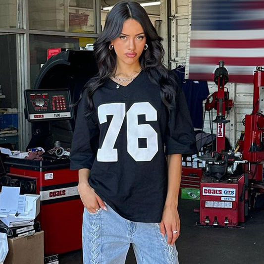 Women Fashion Casual Loose Digital Print Short Sleeve V-Neck Jersey T-Shirt